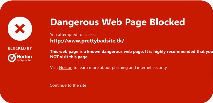 Kép, safe web, veszélyes weboldal blokkolva.